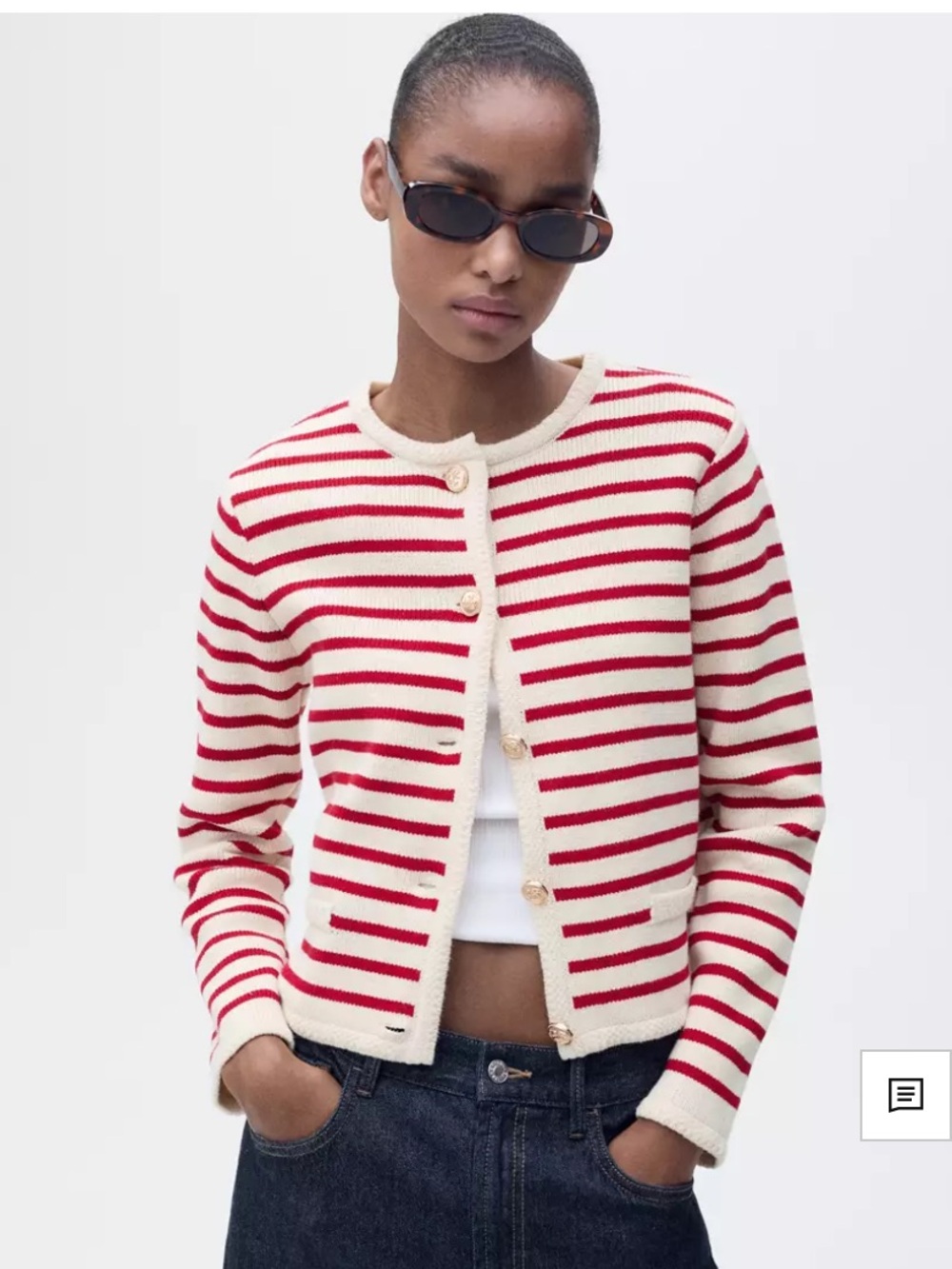 Mango Red and Cream Striped Knit Cardigan Sz M Gold button